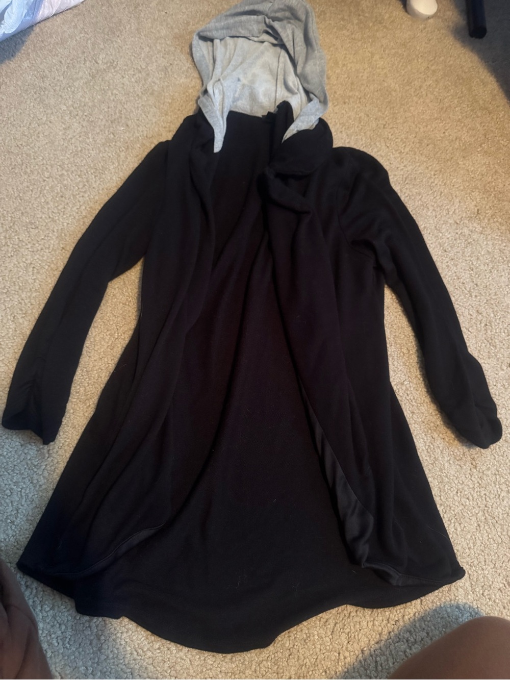 Signature Black Open-Front Hooded Cardigan with Gray Hood